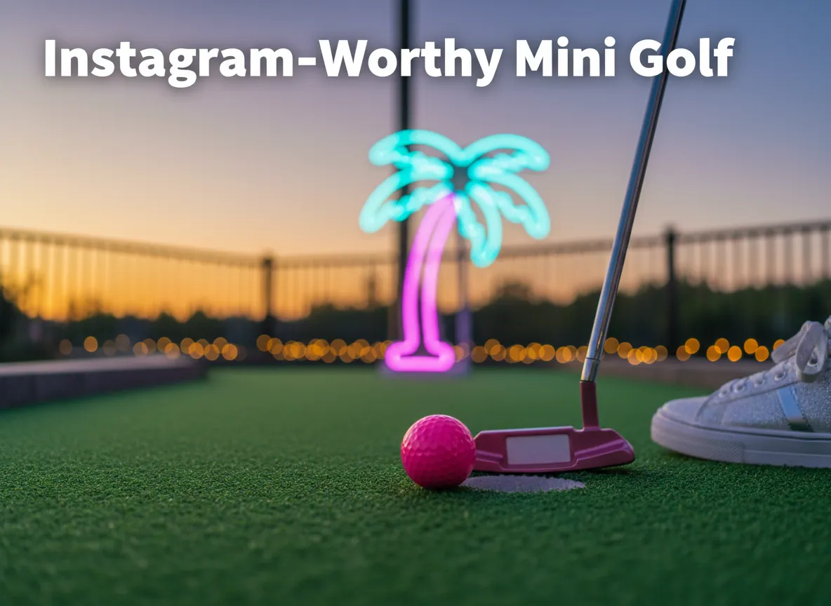 Pink putter neon palm fairy lights astroturf golden hour detail