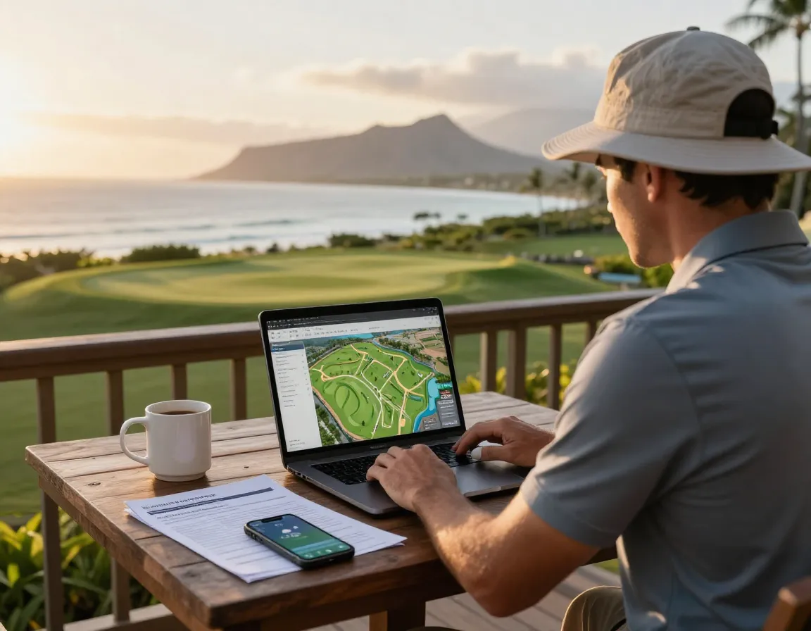 Golfer analyzing golf course map with laptop on oceanview lanai at sunrise