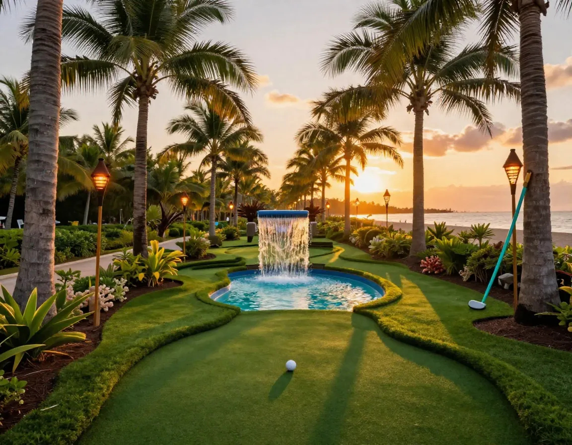 Tropical mini golf hole with palm trees waterfall tiki torches at sunset