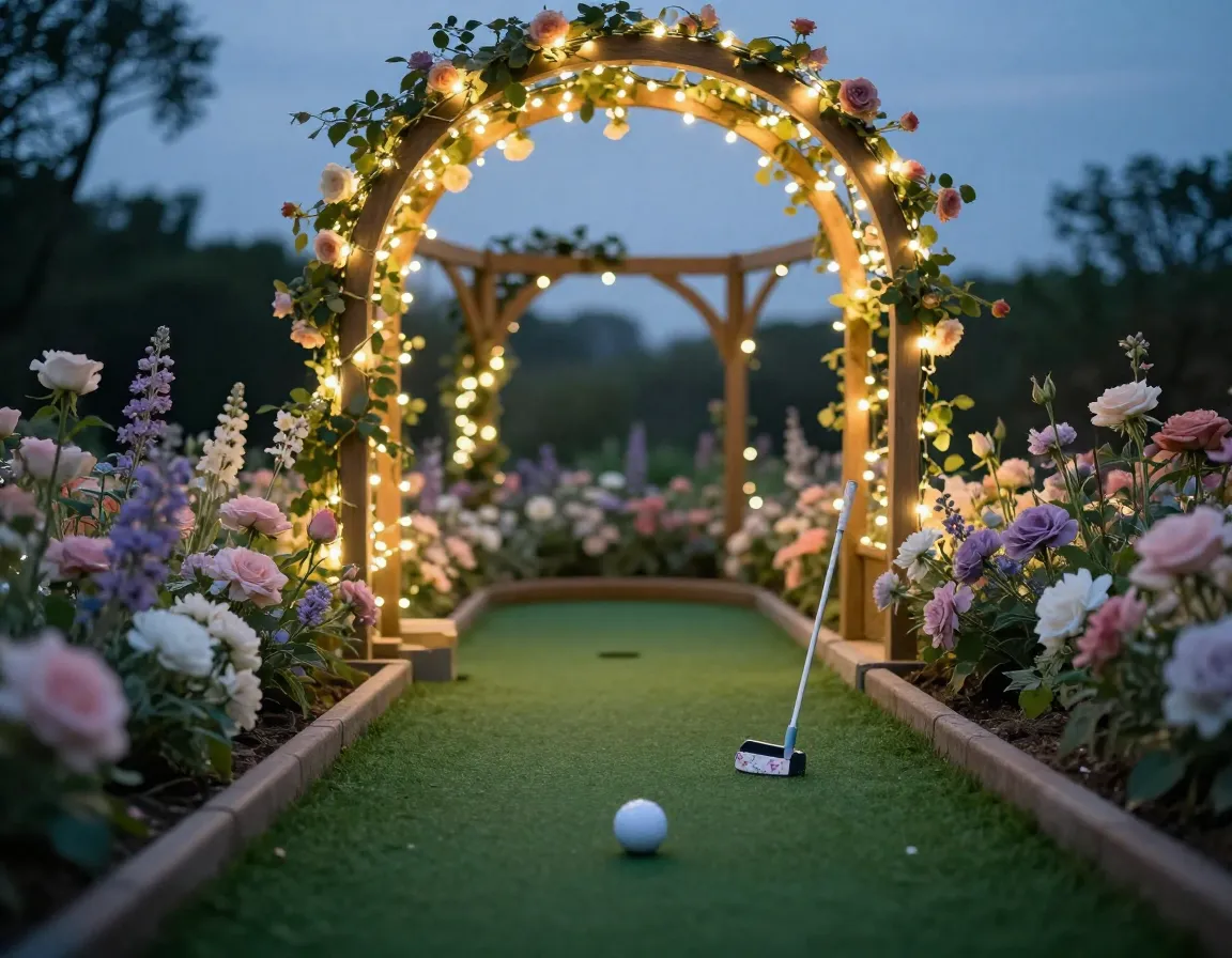 Enchanted garden mini golf hole fairy lights flowers at twilight