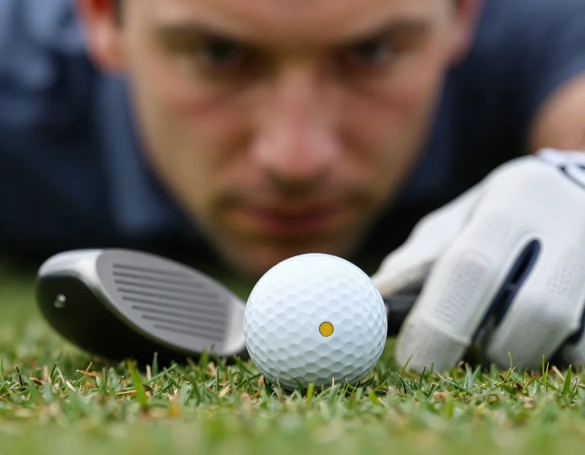 Golfer focusing intently on specific dimple of golf ball