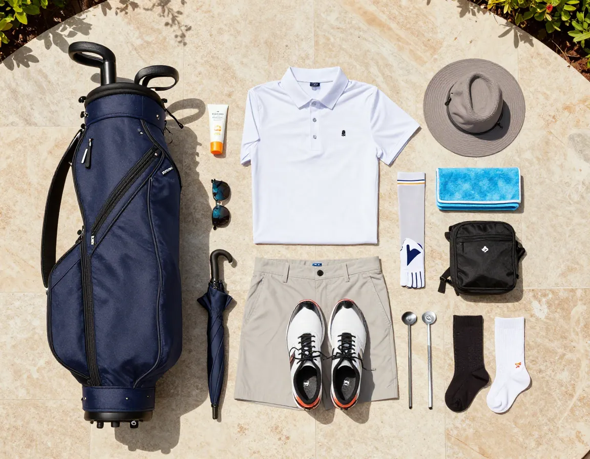 Organized golf bag with essential island gear on resort patio