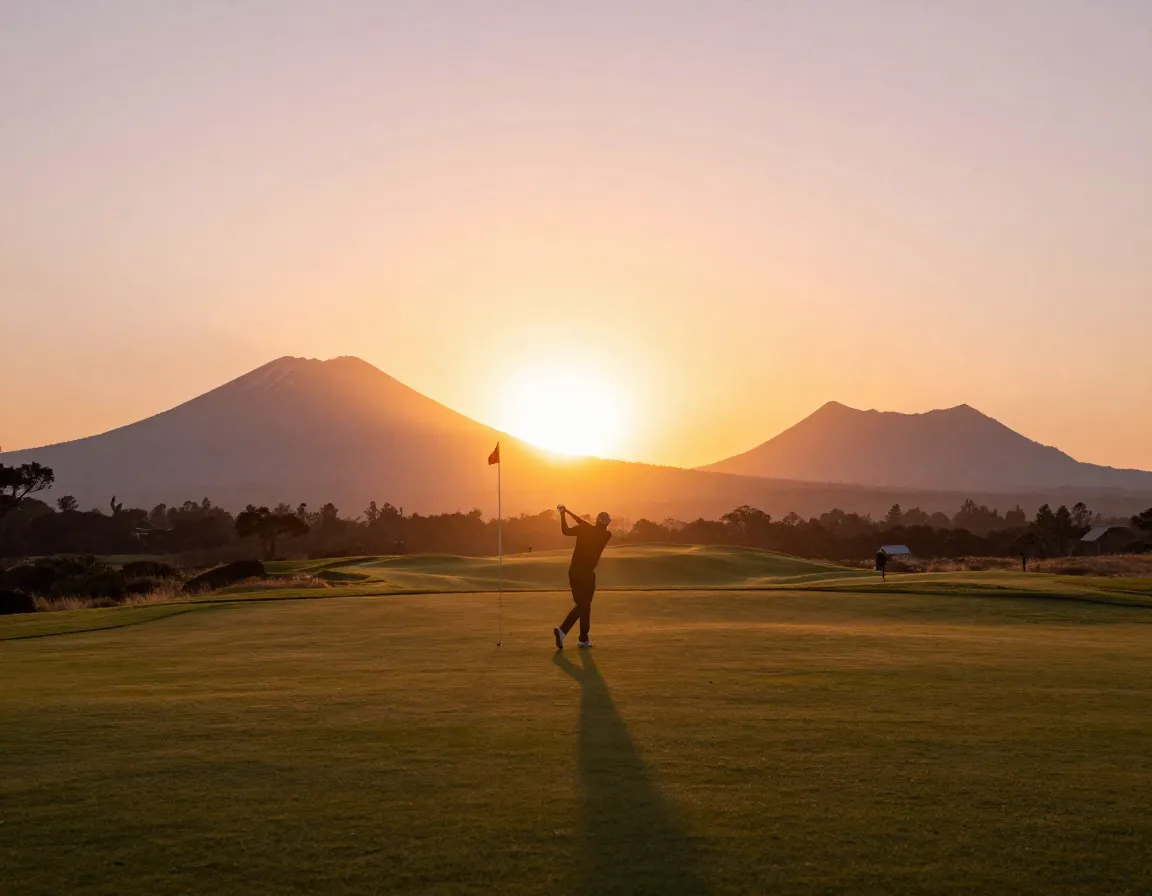 Golfer teeing off at sunrise on empty fairway with volcanic backdrop