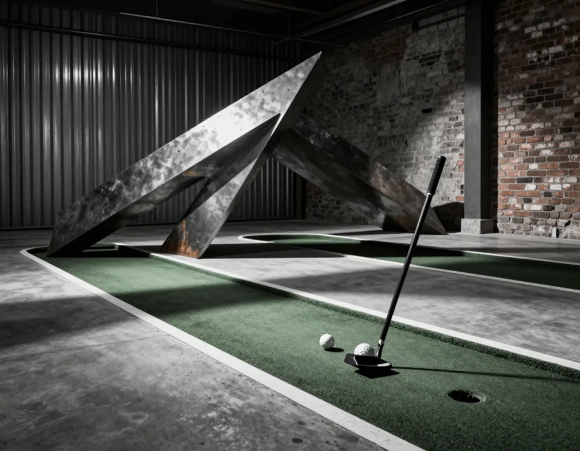 Urban industrial mini golf metal sculpture concrete dramatic lighting