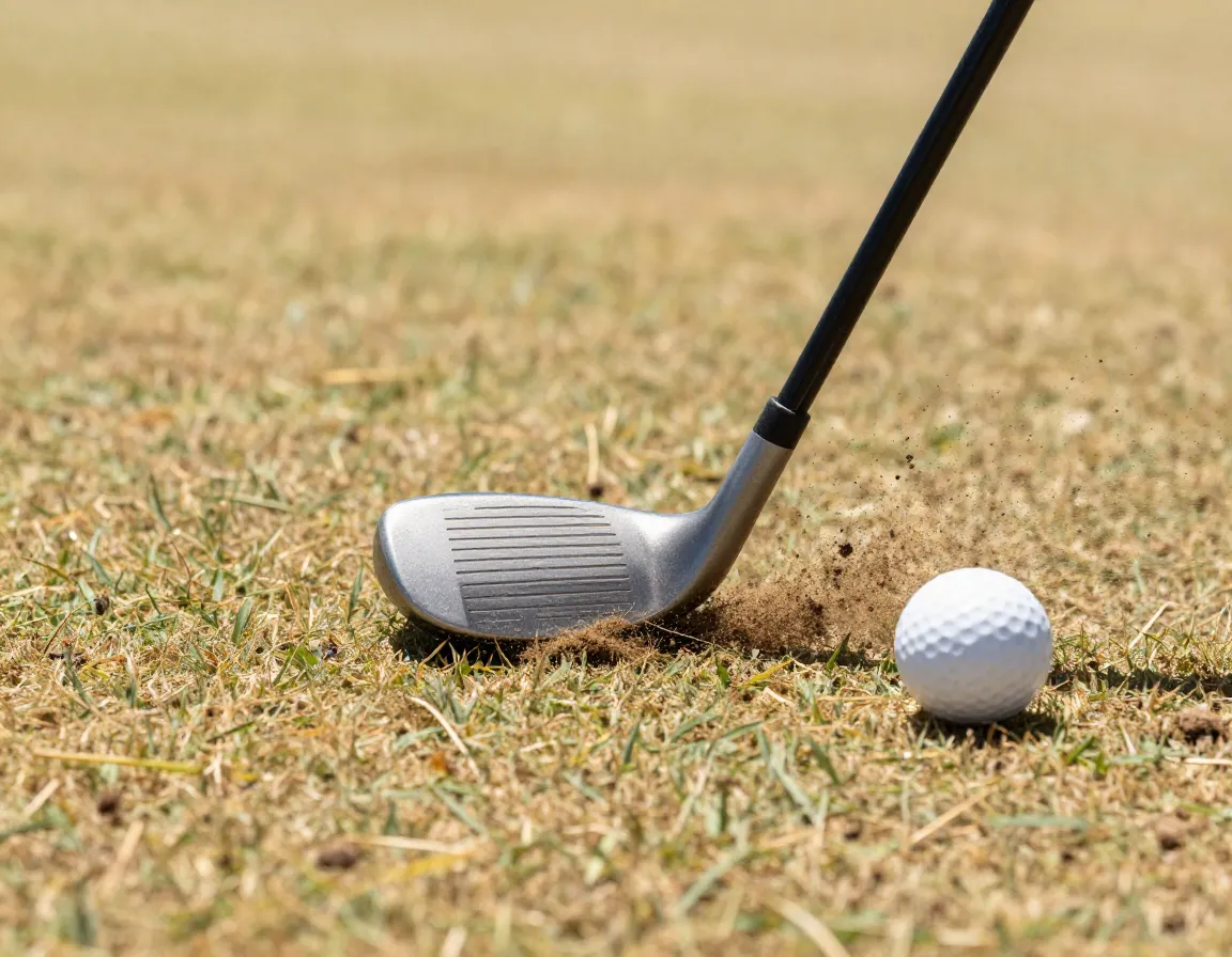 Close up of golfers wedge hitting firm dry fairway causing dust