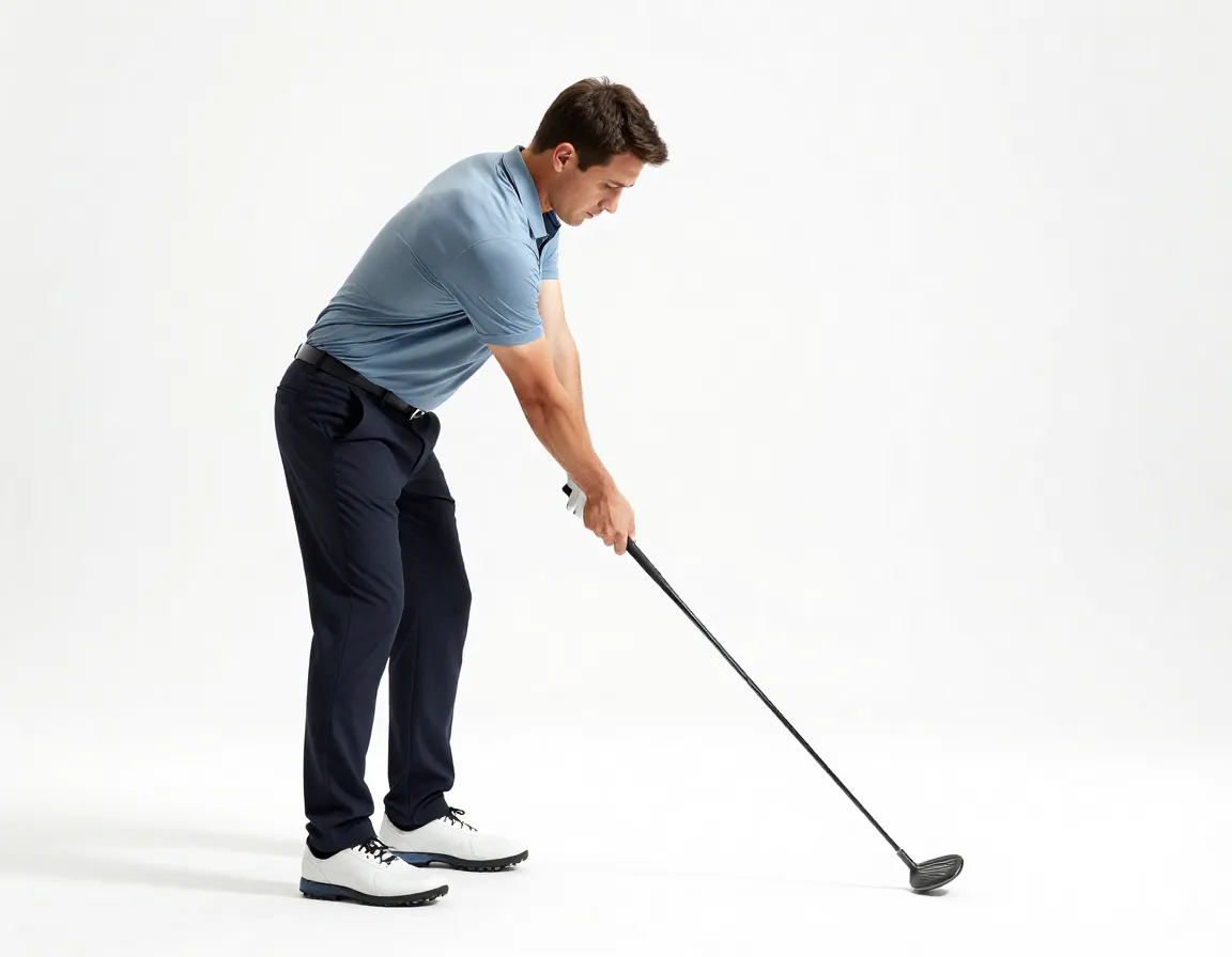 Golfer driving hips forward through iron shot impact
