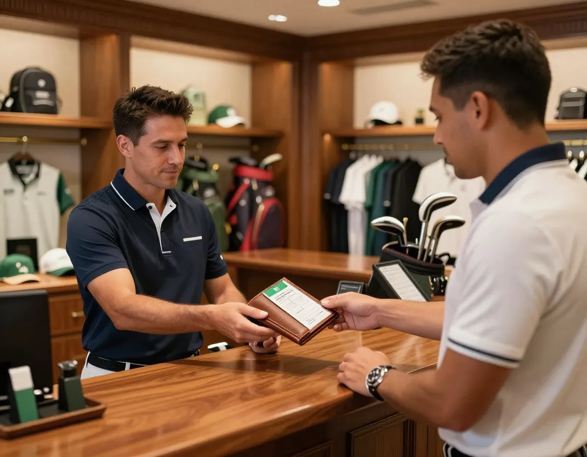 Golfer receiving premium service at luxury course pro shop counter