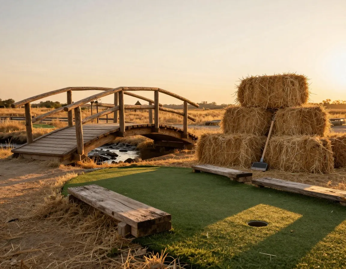 Rustic country mini golf wooden bridge hay bales golden hour