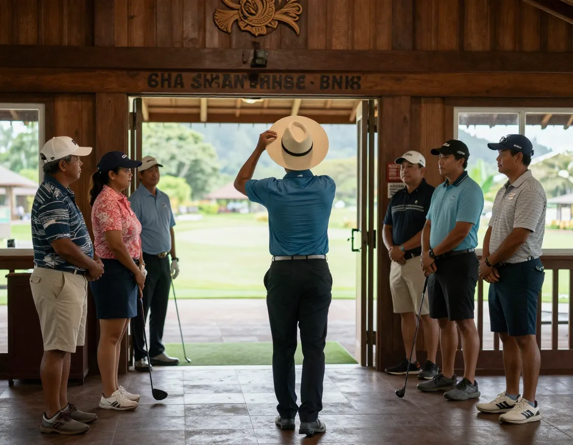 Golfer removing hat respectfully inside traditional hawaiian clubhouse
