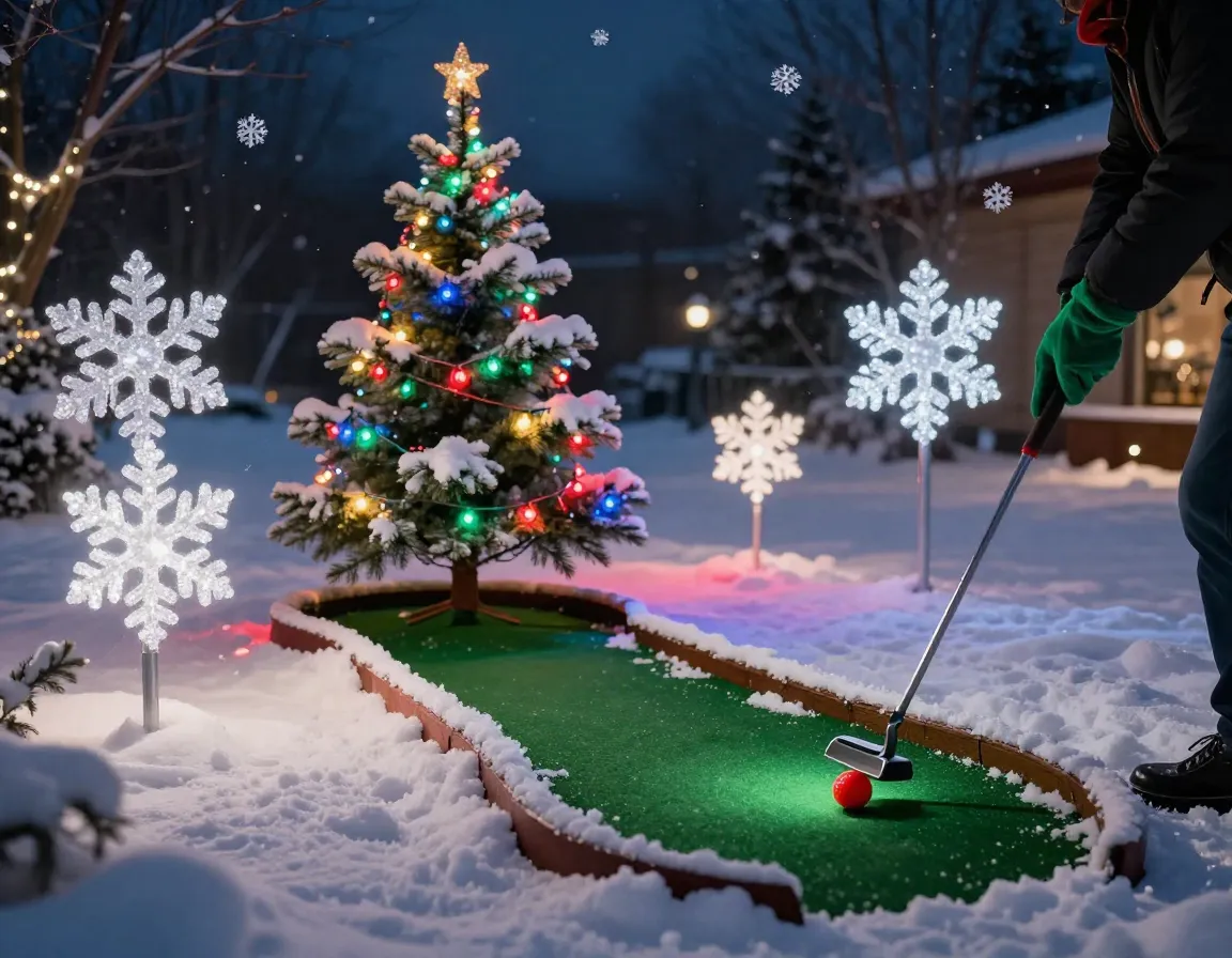 Winter wonderland mini golf holiday lights snow covered tree