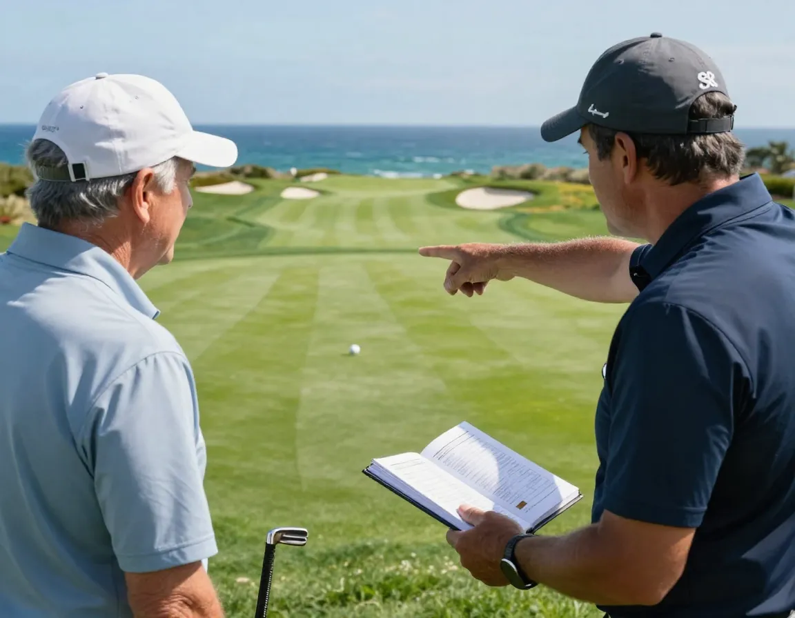 Golfer listening to course pro giving advice on green with ocean view