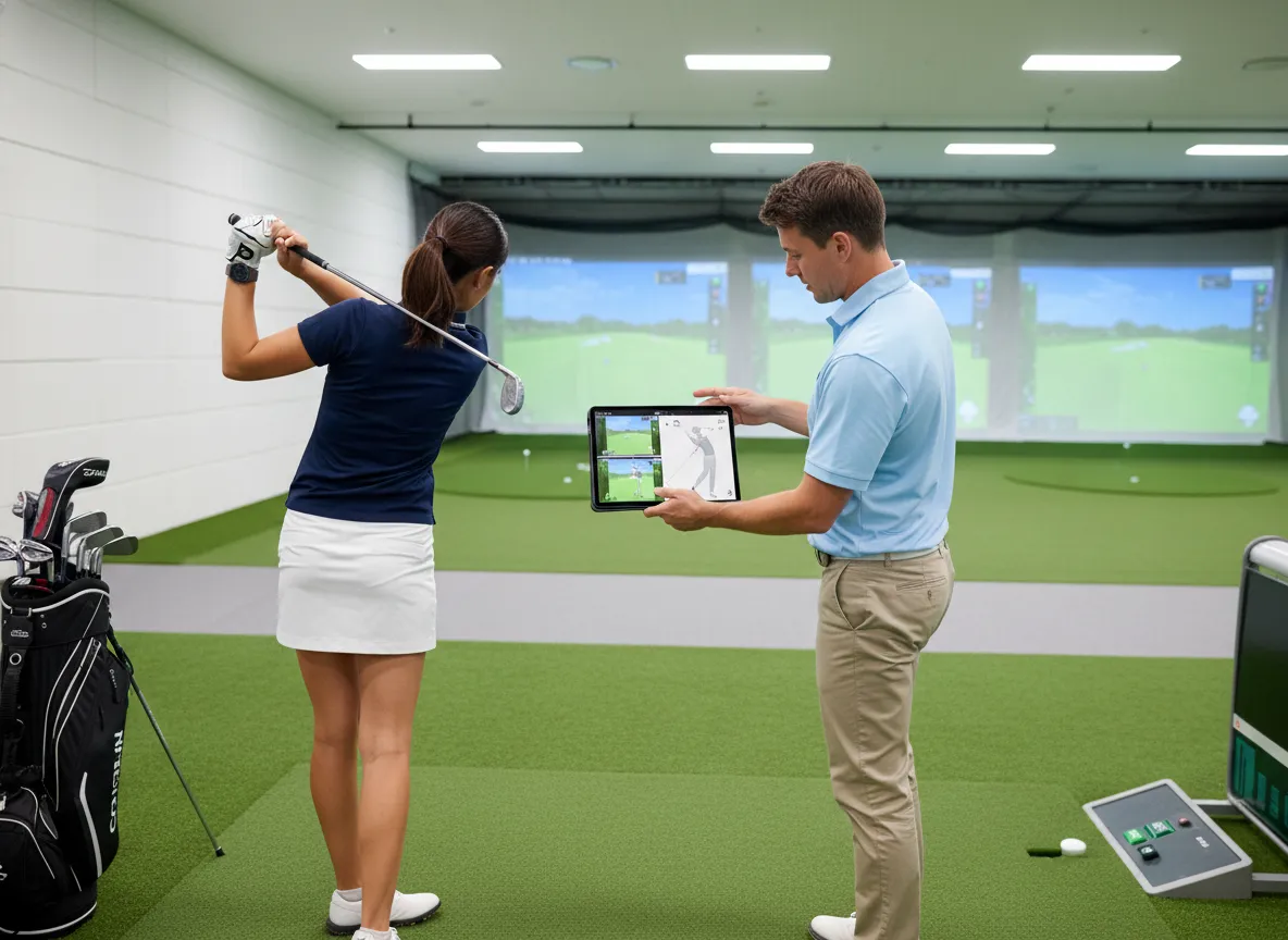 Professional instructor analyzing a womans golf swing using video technology