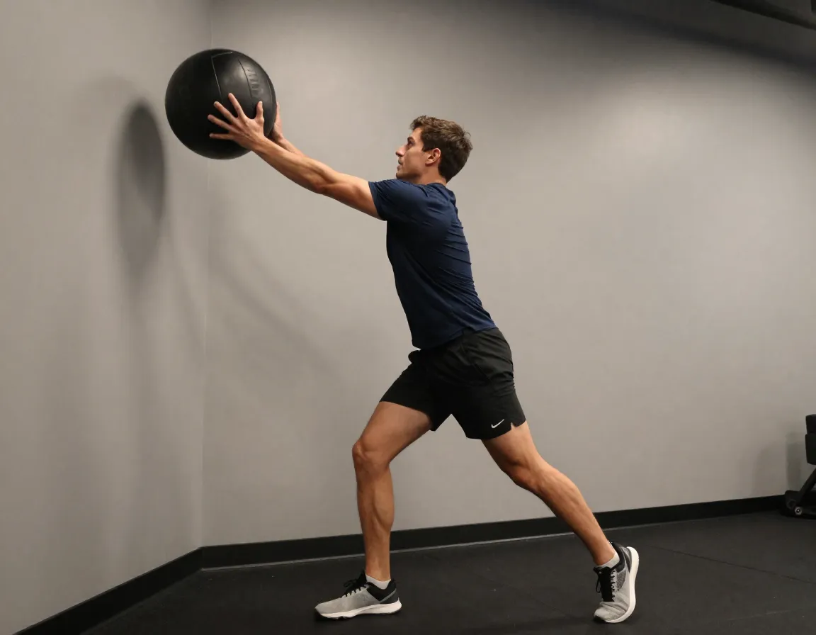 Split stance rotational medicine ball throw against gym wall