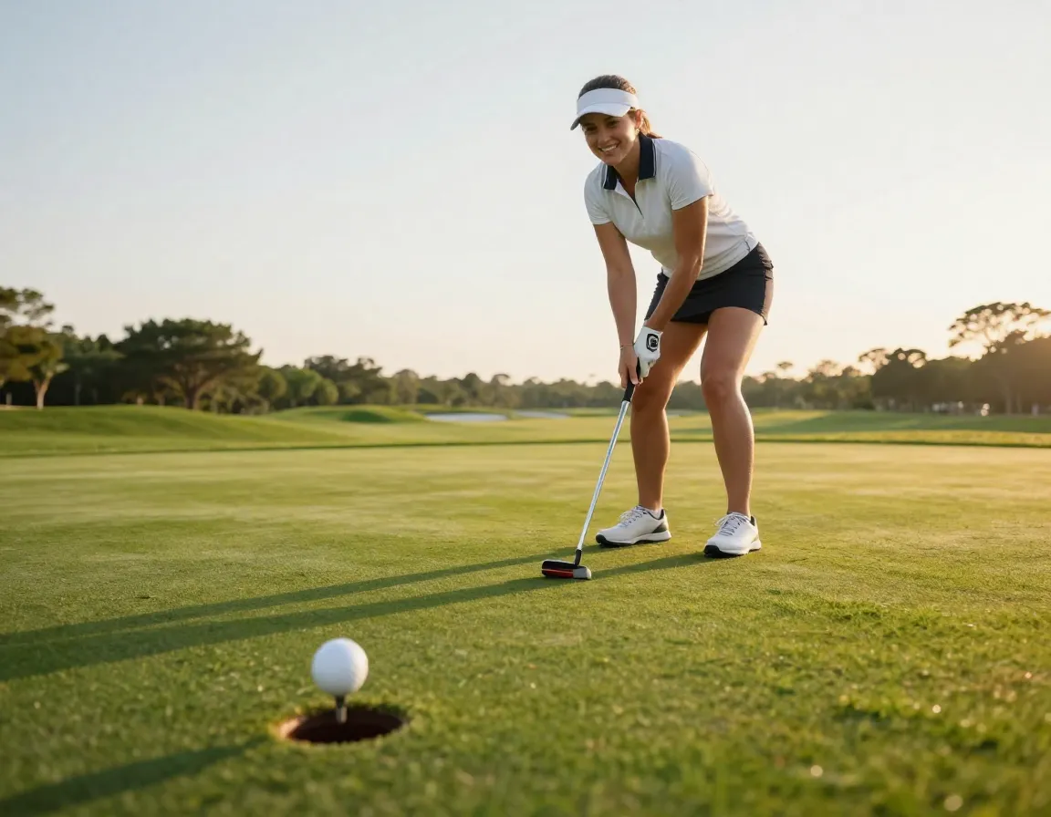 Woman golfer celebrating putt with confident smile on green