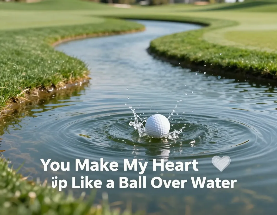 Golf ball skipping over water hazard romantic heart quote
