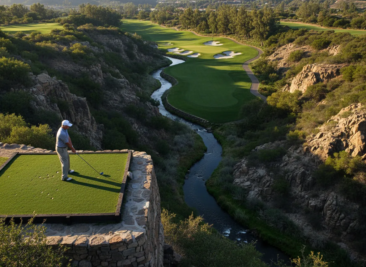 Aviara golf club elevated tee shot over natural canyon landscape