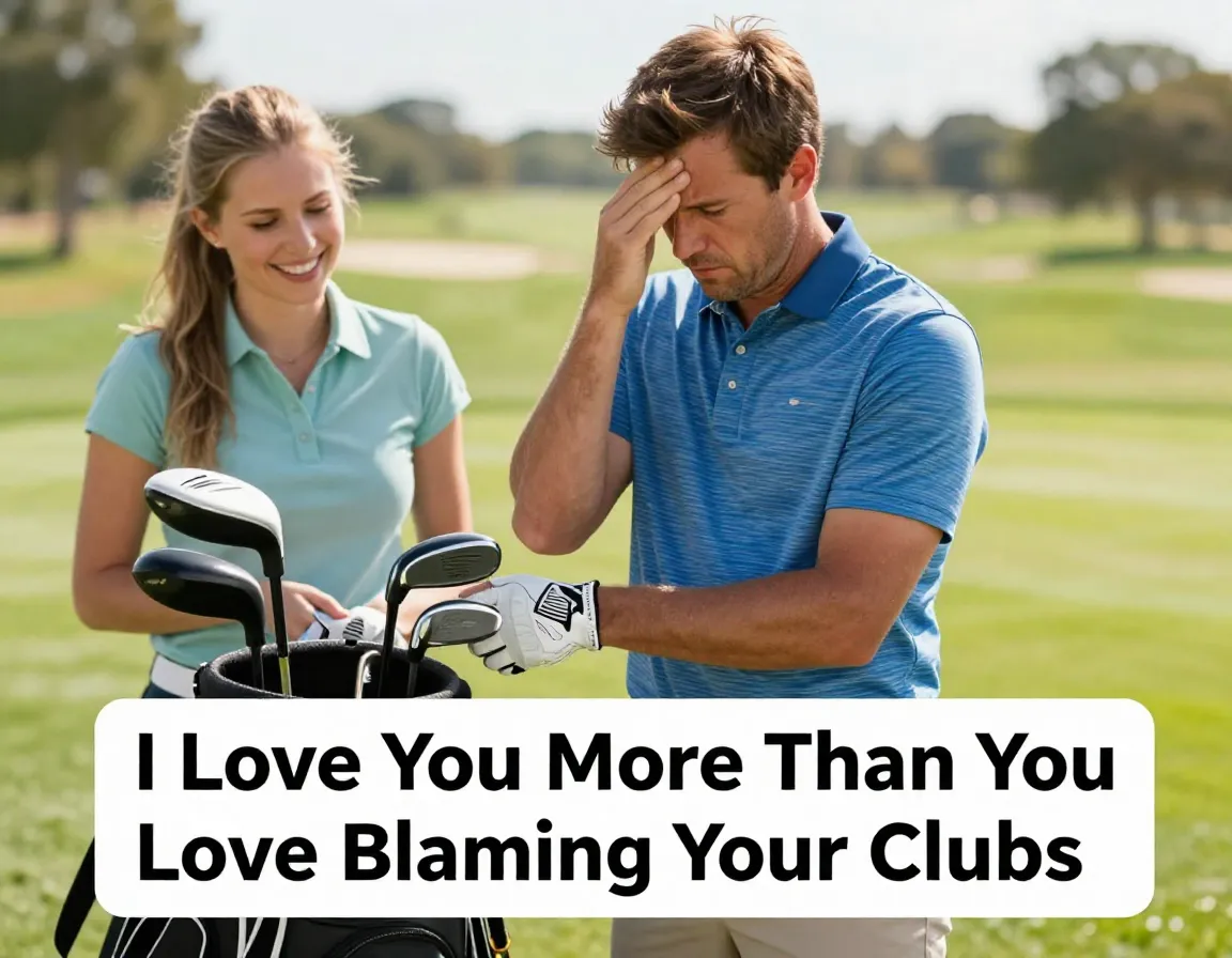 Frustrated golfer blaming clubs humorous couple love quote