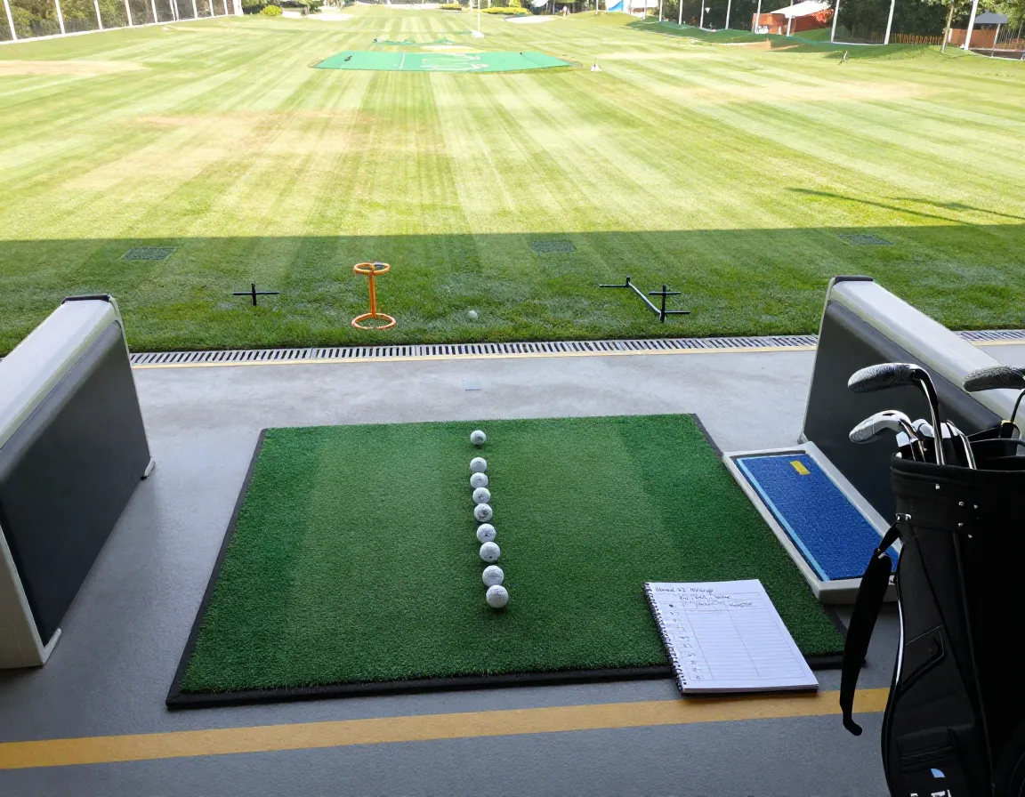 Structured golf lesson curriculum with practice drills on range