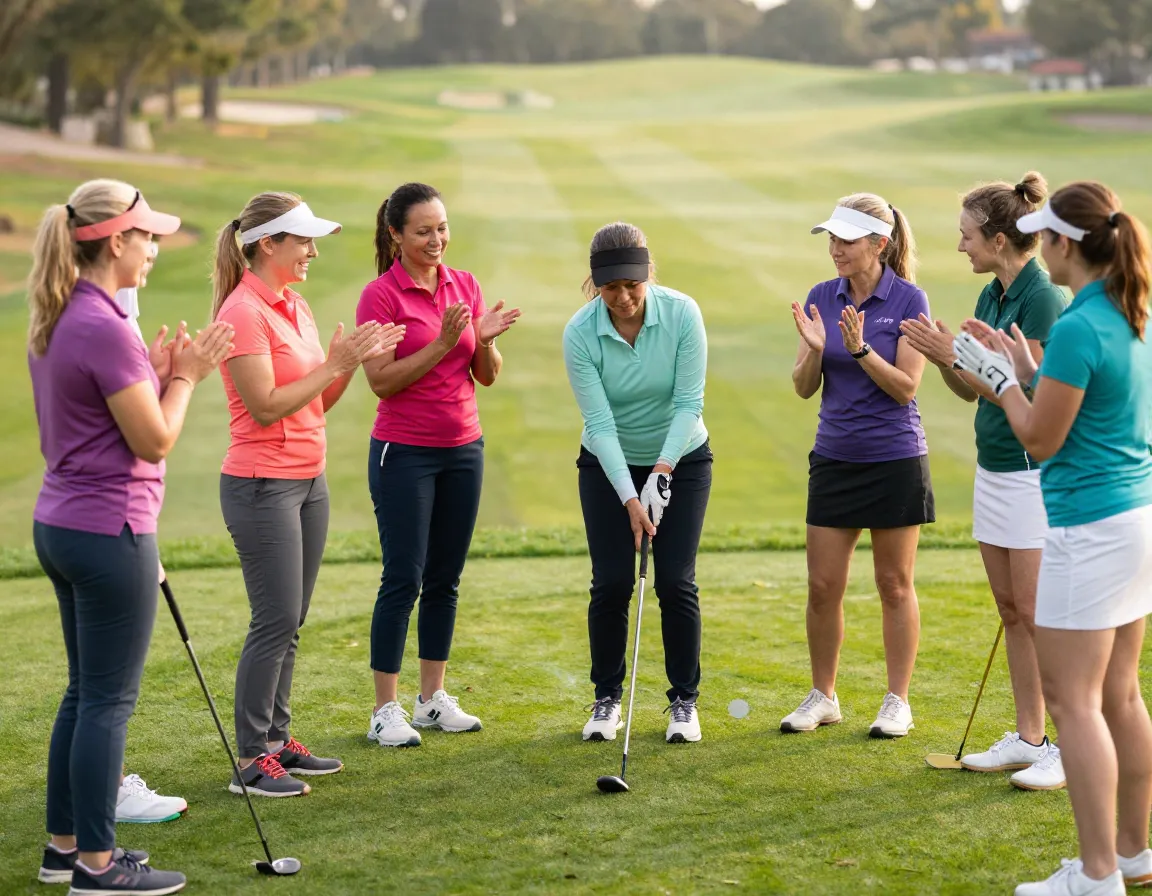 Supportive womens group golf lesson with smiles and encouragement