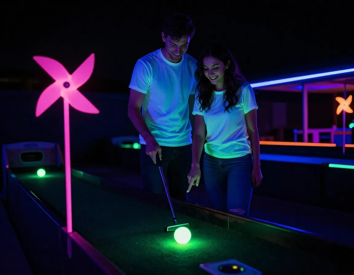 Couples playing glowing mini golf at night under blacklights