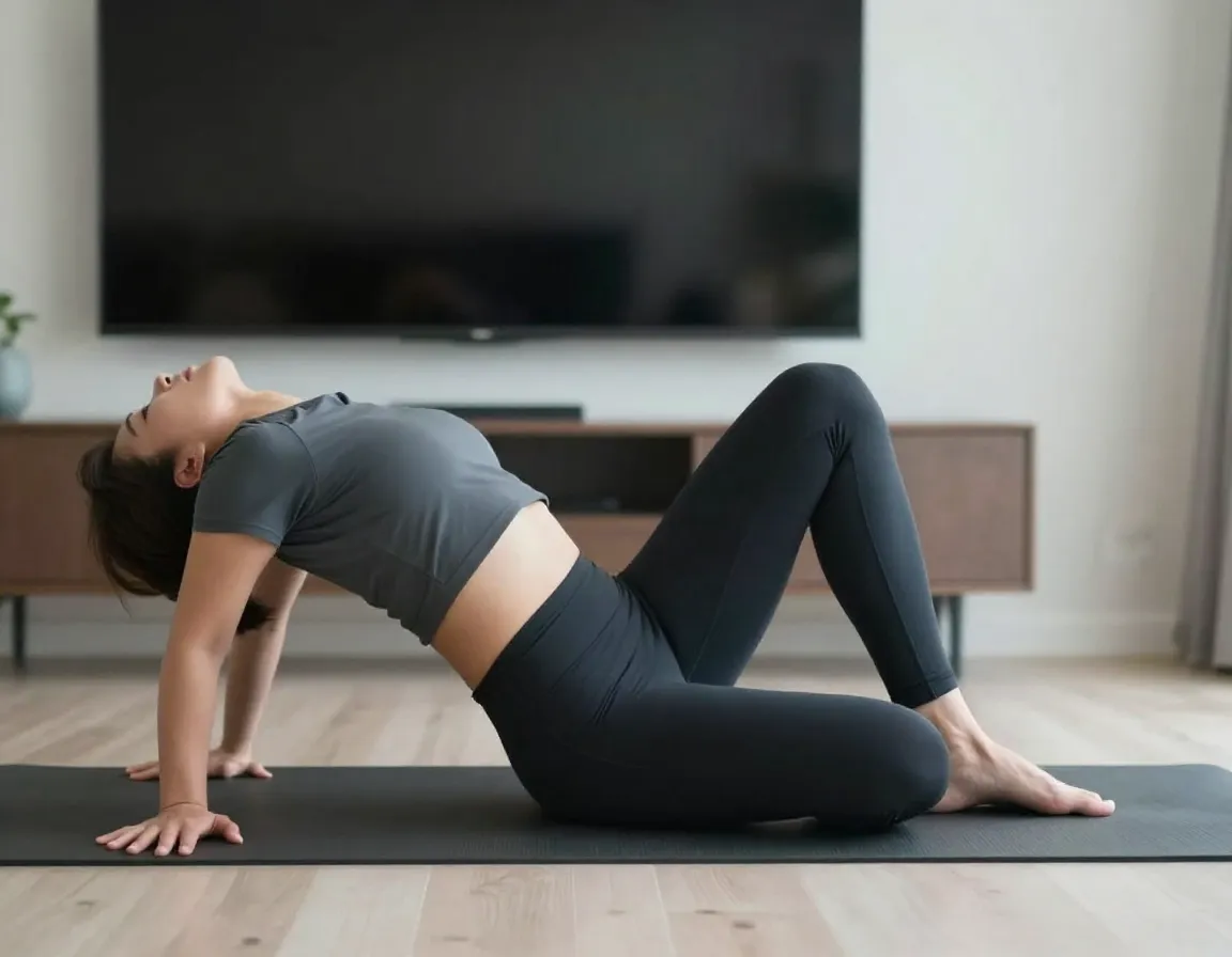 Man performing 90 90 hip mobility drill on floor with tv in background