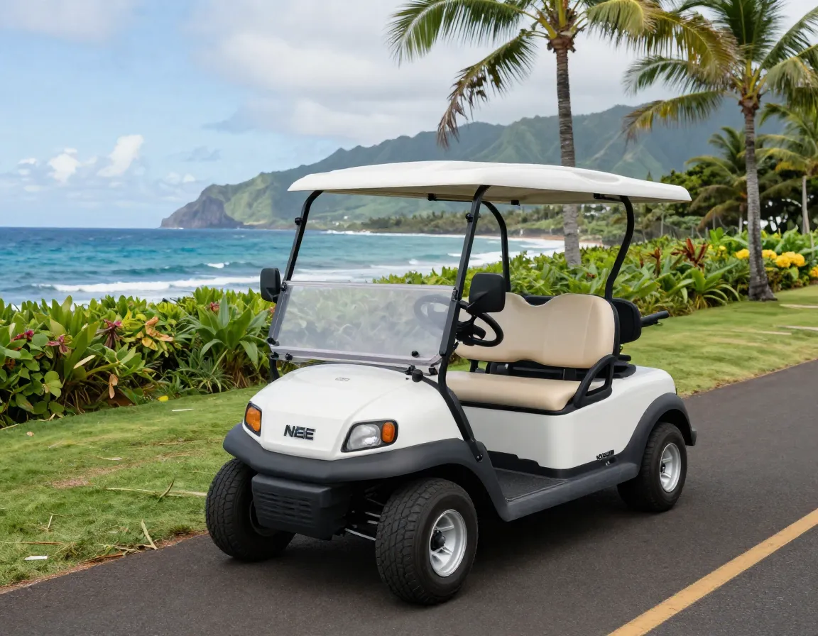 Street legal electric nev golf cart parked on hawaiian coastal road