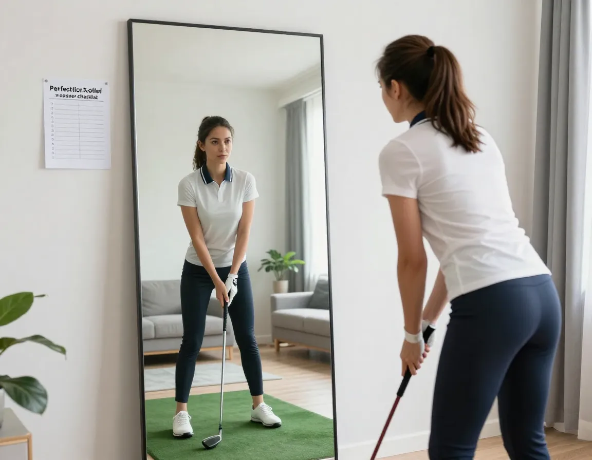Woman perfecting golf posture mirror stance ball position checklist