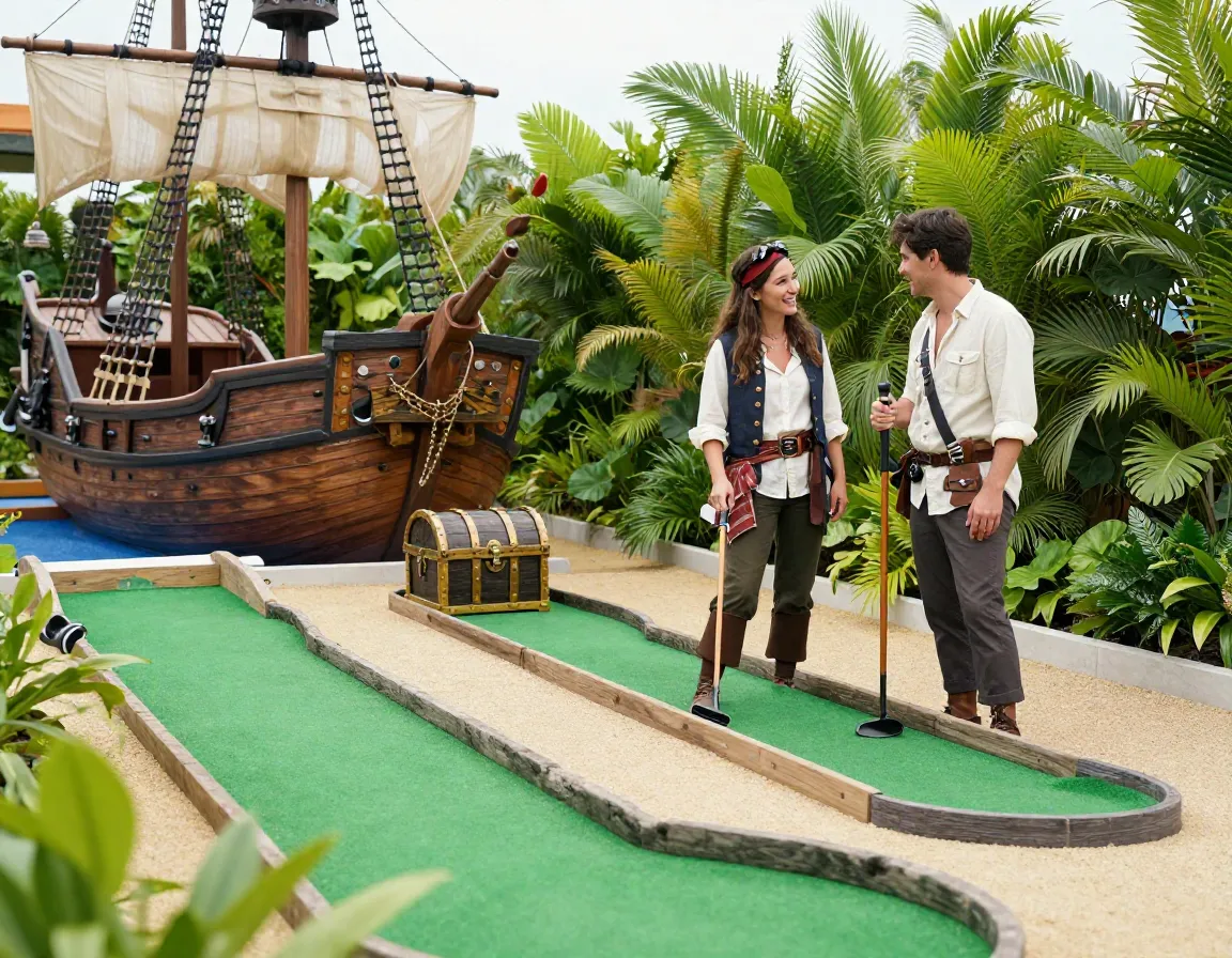 Couple exploring a pirate themed mini golf course with ships