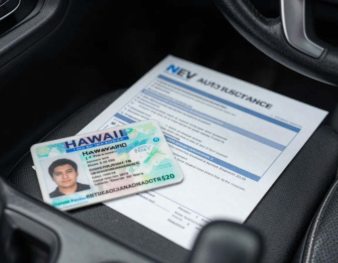 Hawaii drivers license and nev insurance documents on dashboard