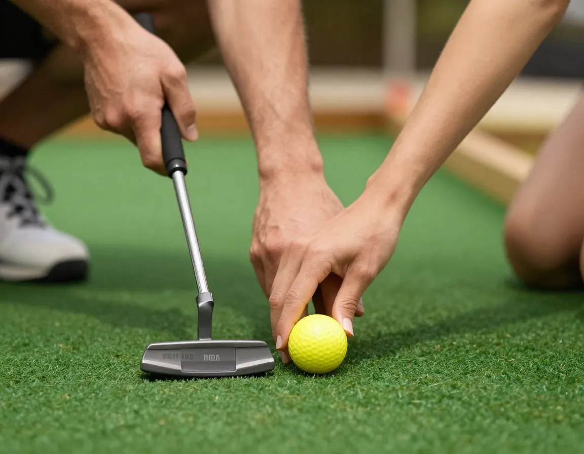 Man guiding womans putting stroke with his hand on a green