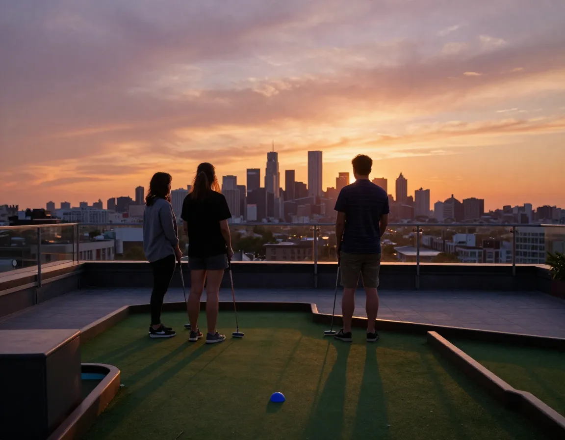 Couple at a rooftop mini golf venue overlooking a city skyline
