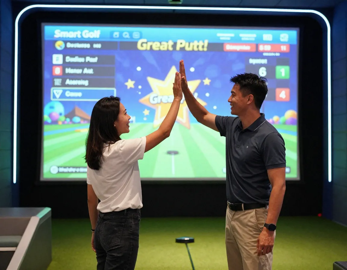 Couple high fiving before a digital scoreboard with augmented graphics