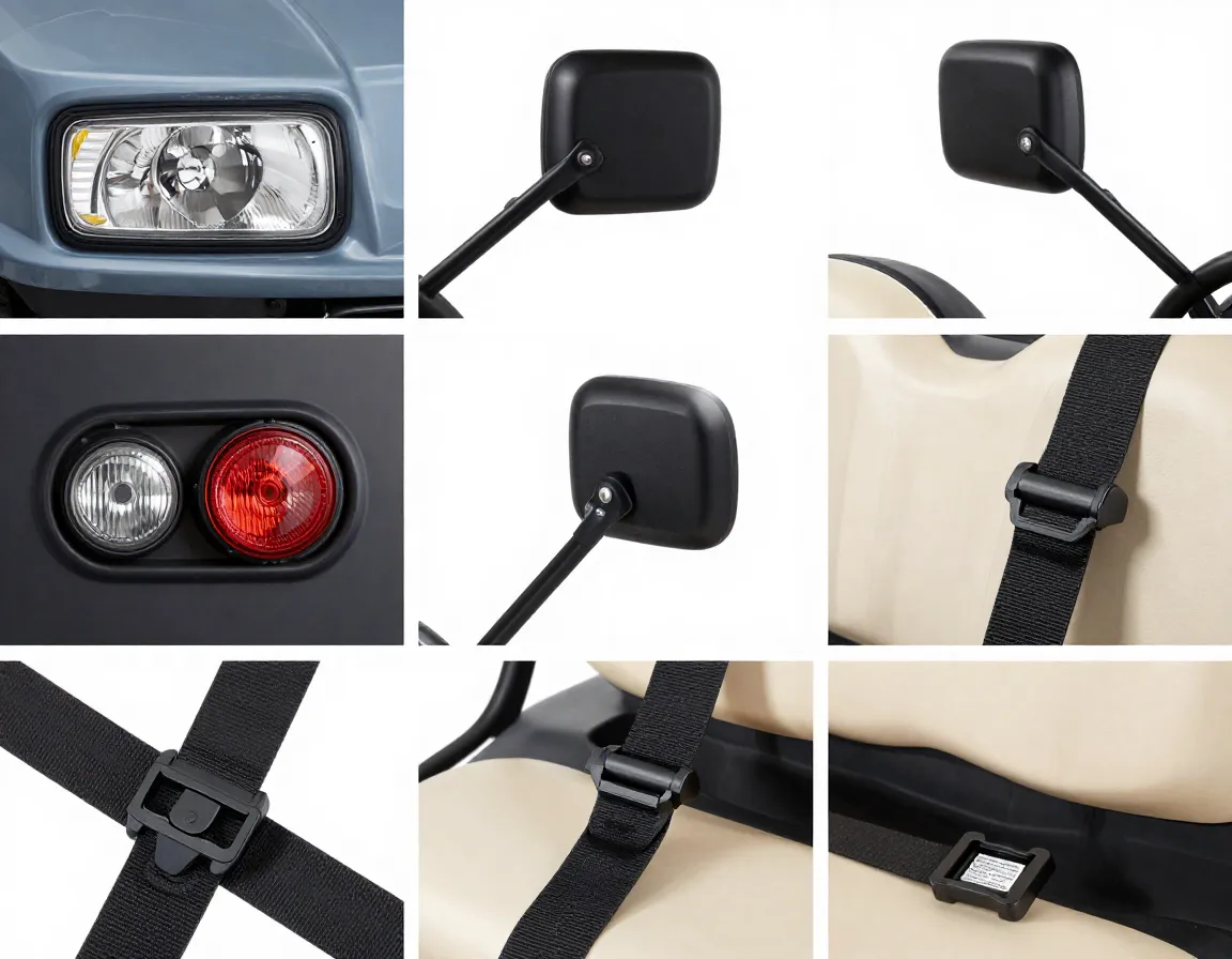 Detail closeups of golf cart headlights signals mirrors seatbelts