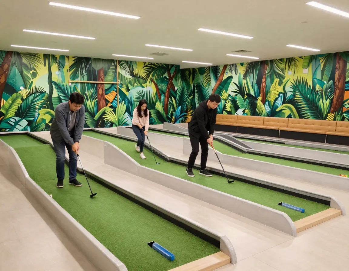 Couple playing indoor mini golf in a climate controlled multilevel course