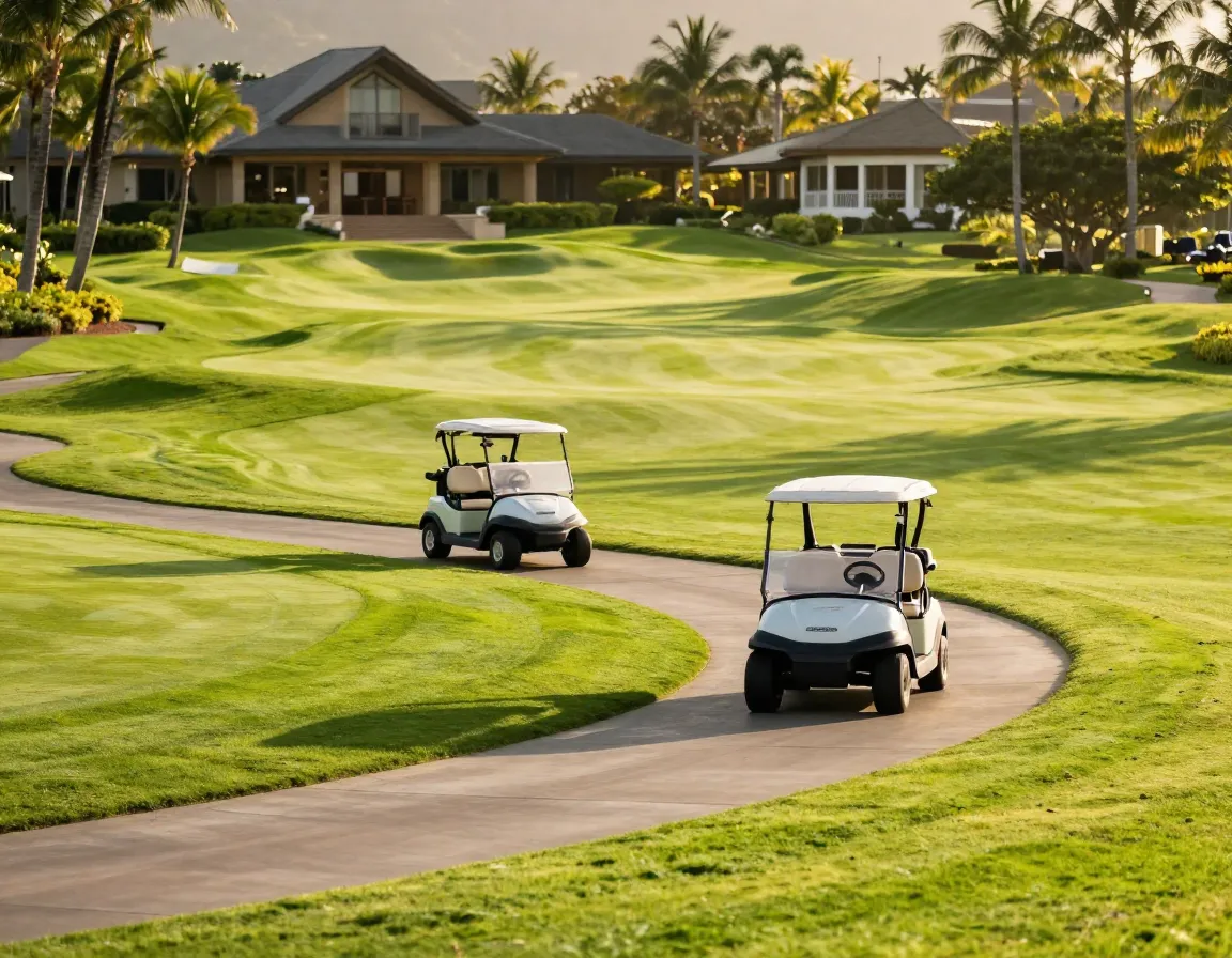 Golf carts driving on manicured resort course cart path