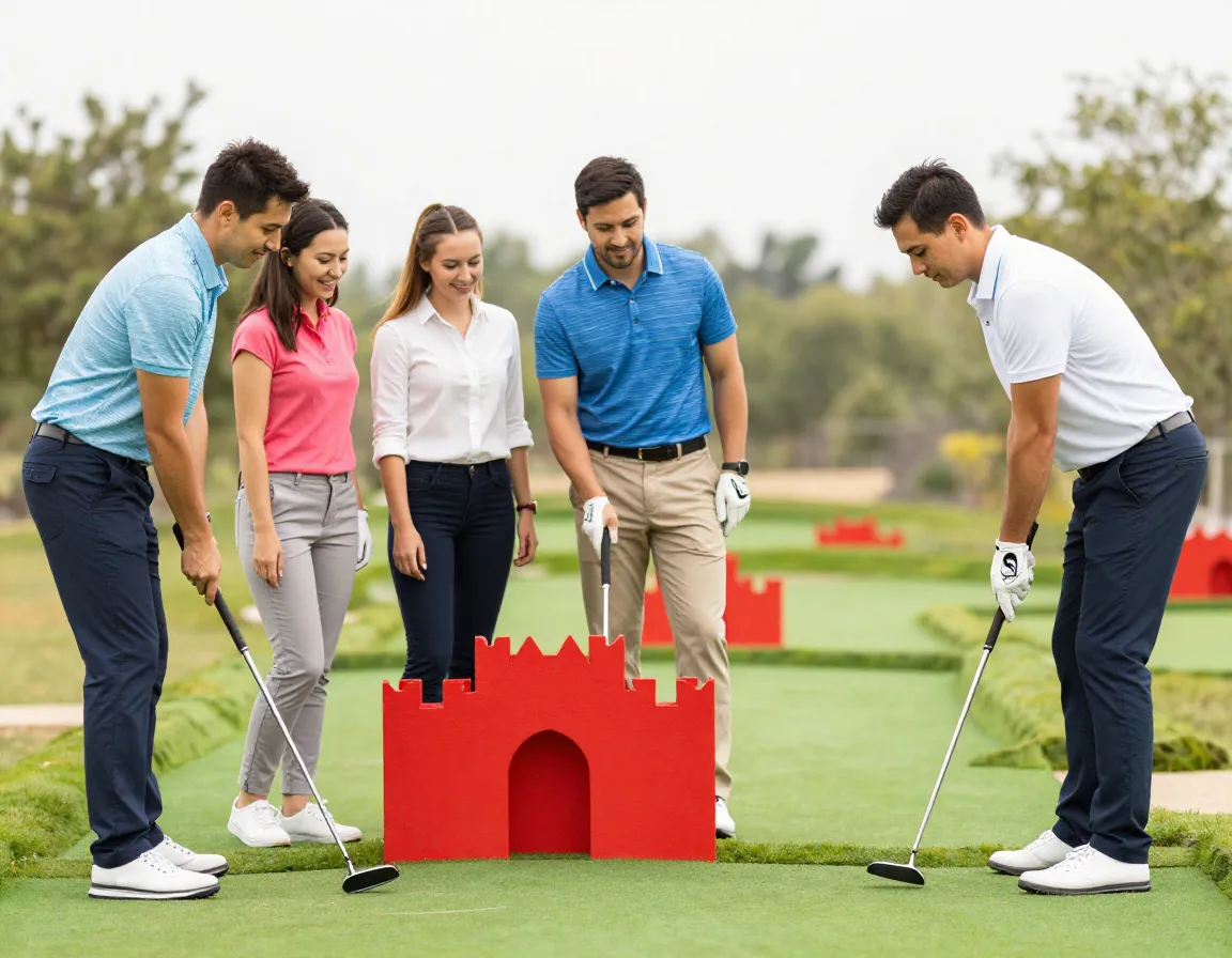 Four people two couples playing mini golf as a team competition