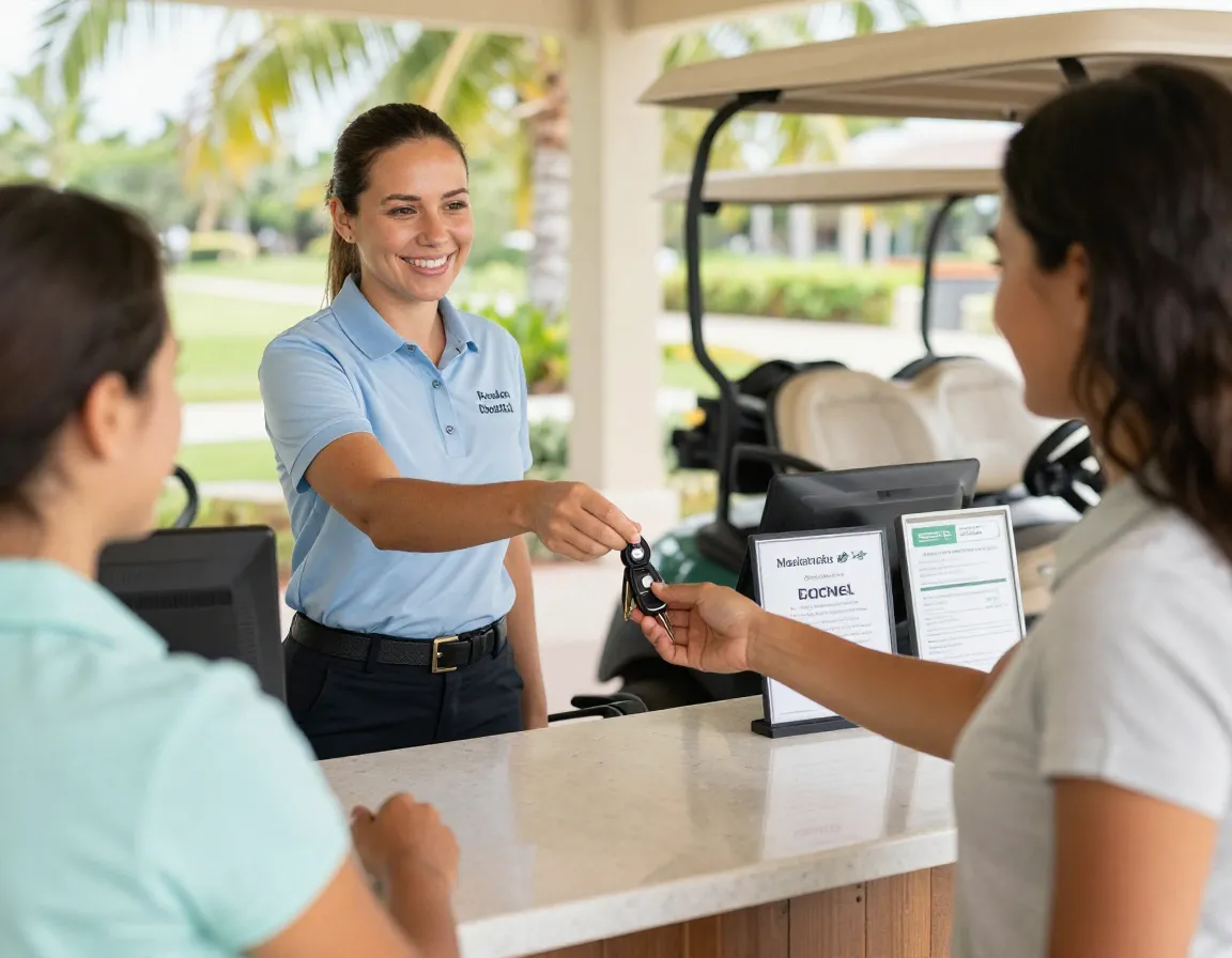 Resort employee handing golf cart keys to guest at counter
