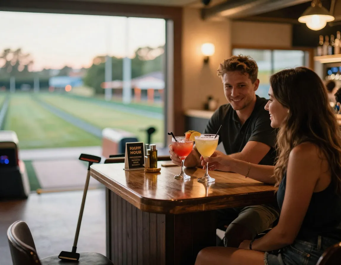 Couple sharing a drink at a mini golf course bar after their game