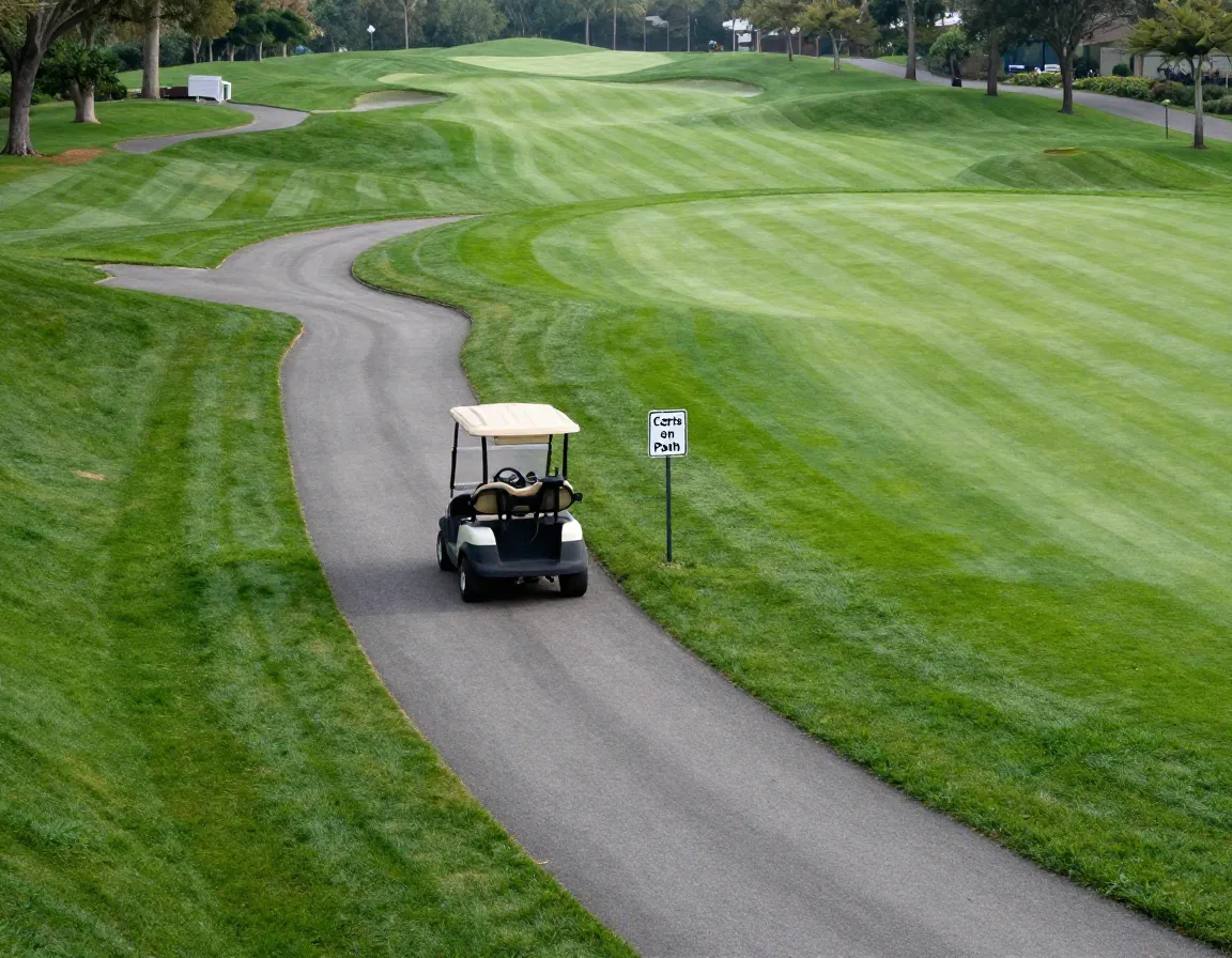 Golf cart parked on path respecting distance from green and tee