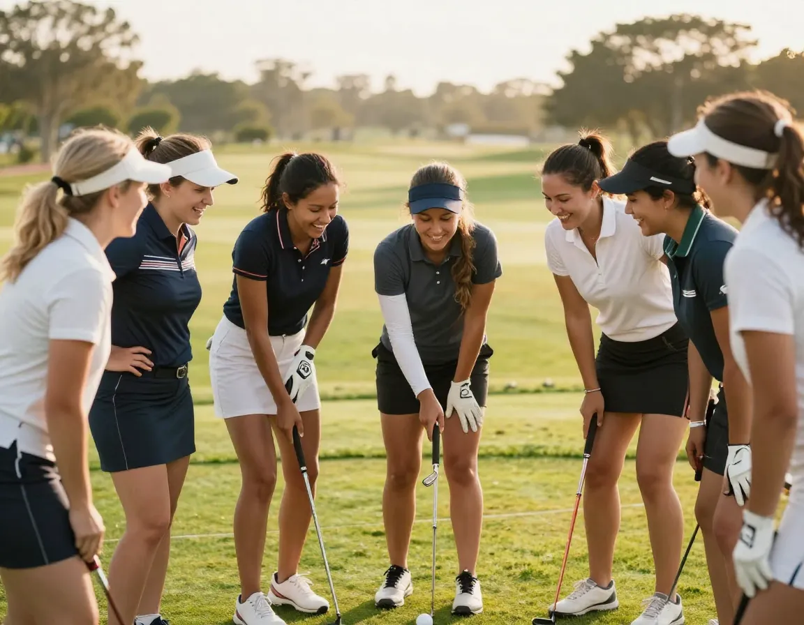 Women golfers community laughing supportive practice session together