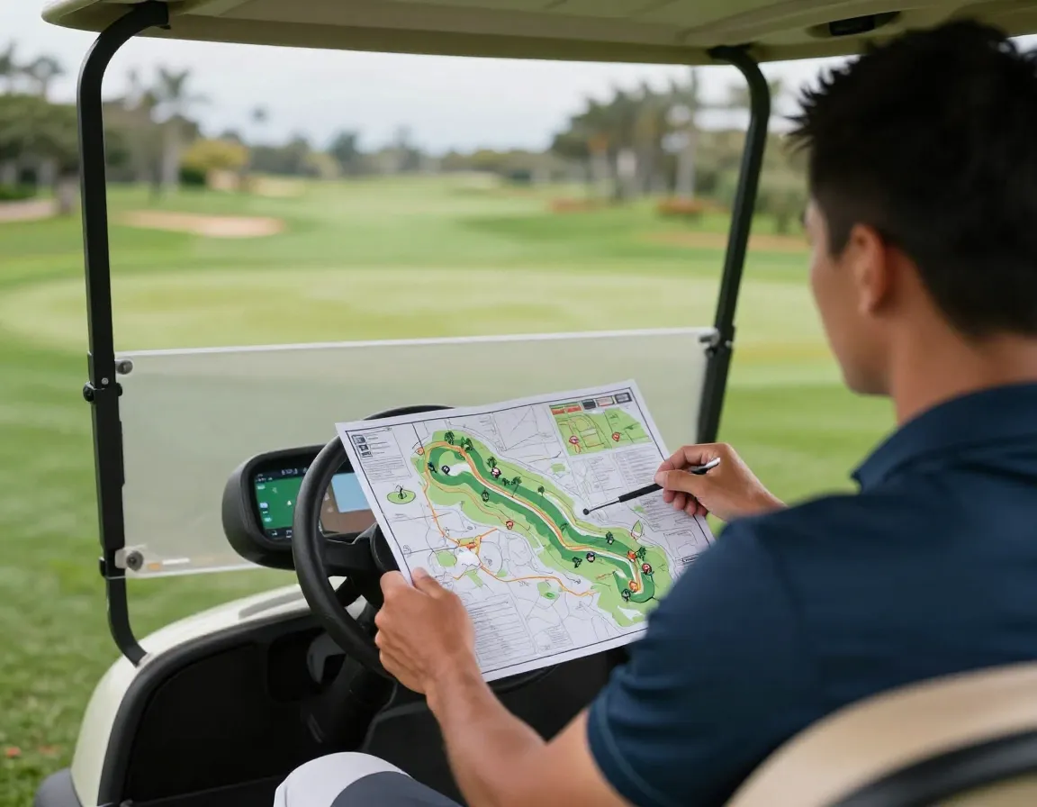 Golfer planning round with course map on golf cart dashboard