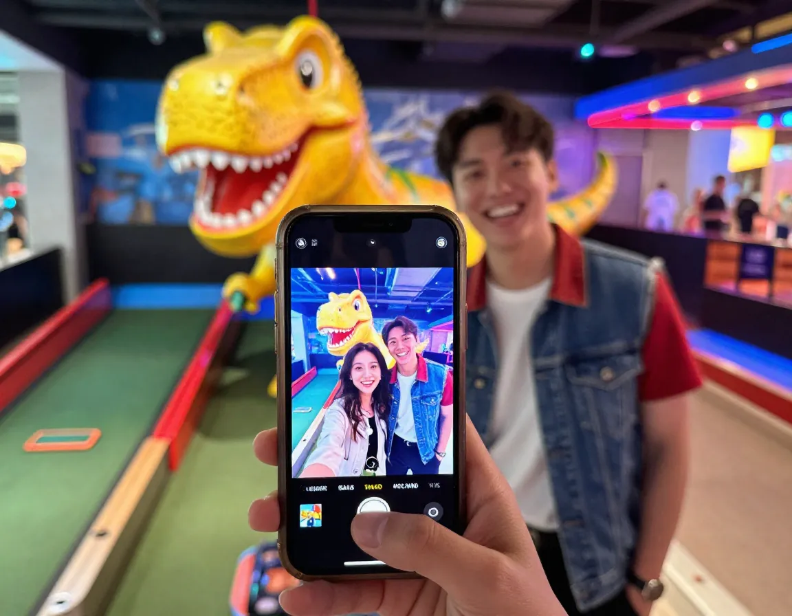 Woman taking a selfie with her date at a brightly lit themed mini golf hole