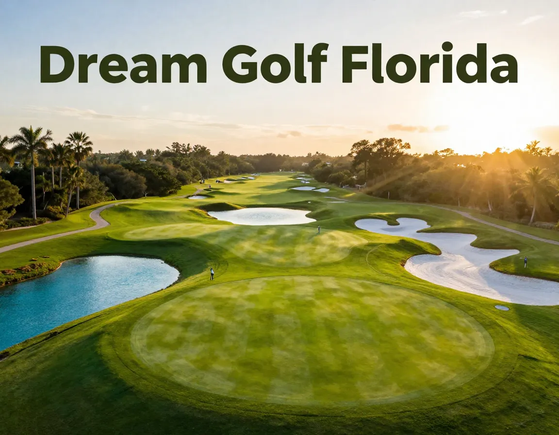 Aerial view emerald fairway turquoise water sunrise golfers championship course