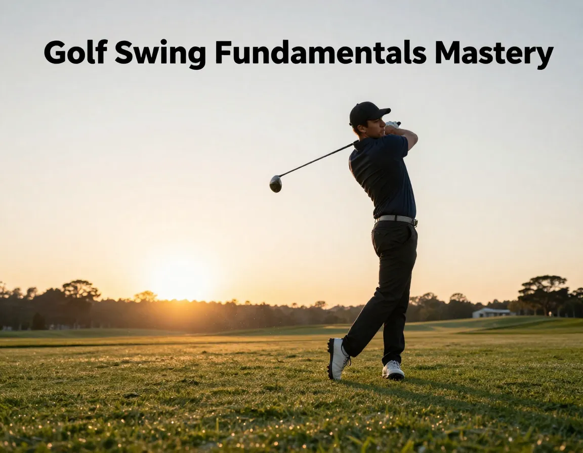 Golfer impact position sunrise golden hour practice range fundamentals mastery
