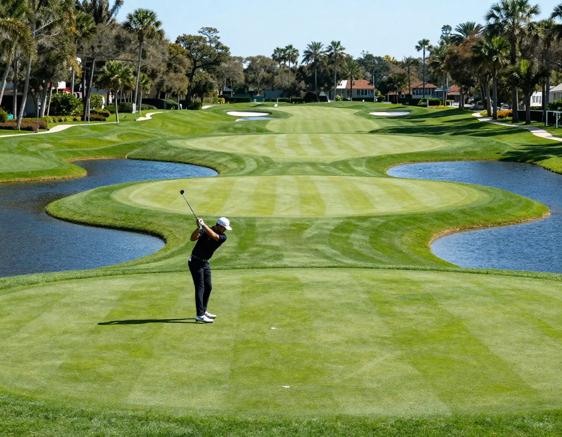 Golfer teeing off at tpc sawgrass iconic island green seventeenth hole