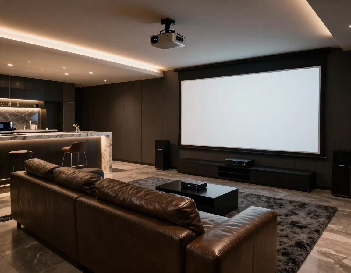 Multi functional golf lounge with home cinema seating and ambient lighting