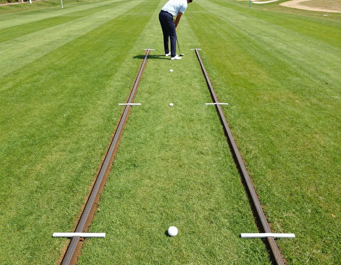 Golfer alignment practice using sticks parallel target line