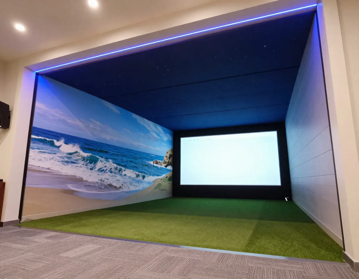Immersive simulator booth with custom mural ceiling treatment and led lighting