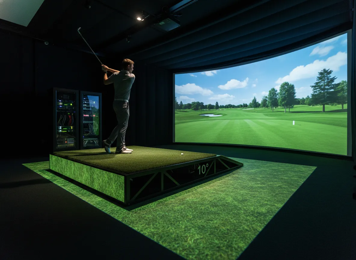 Advanced immersion golf simulator with moving floor platform and projection mapping