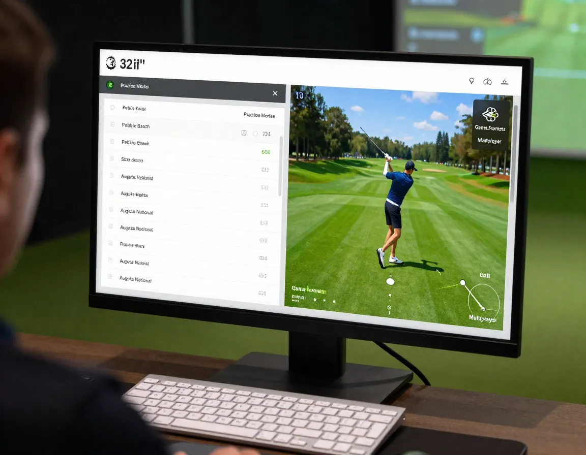 Golf simulator software interface showing course library and swing analysis